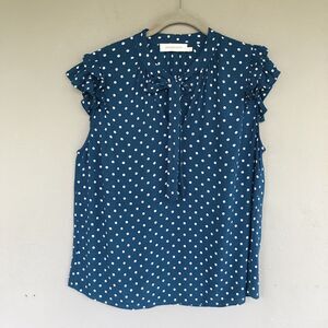 ZIMMERMAN Top Blouse Women’s 2/M Teal Polka Dot Tie Neck Ruffle Sleeve Boho Chic